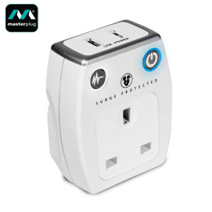 Simultaneously charge two mobile devices as well as using your existing power socket with this pass through-enabled USB mains charger by Masterplug in white with built-in surge protection. Featuring a 2.1A output, this adapter also offers fast charging.
