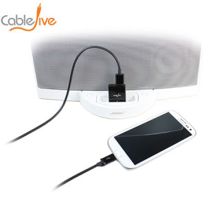 CableJive's dockBoss5 is a sleek adapter that converts Apple 30 pin dock stations to charge and play music from one or two devices.