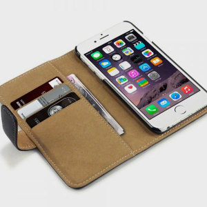 Protect your iPhone 6 with this durable and stylish black leather-style wallet case from Olixar. What's more, this case transforms into a handy stand to view media.