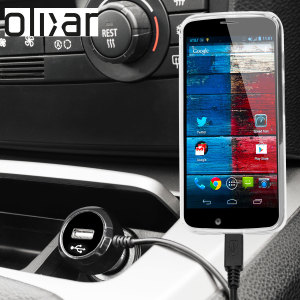 Keep your Motorola Moto X fully charged on the road with this Olixar high power 2.4A Car Charger, featuring extendable spiral cord design. As an added bonus, you can charge an additional USB device from the built-in USB port!