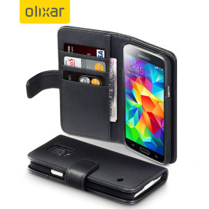 A sophisticated lightweight black genuine leather case with a magnetic fastener. The Olixar Premium genuine leather wallet case offers perfect protection for your Samsung Galaxy S5, as well as slots for your cards, cash and documents.