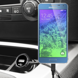 Keep your Samsung Galaxy Alpha fully charged on the road with this high power 2.4A Car Charger, featuring extendable spiral cord design. As an added bonus, you can charge an additional USB device from the built-in USB port!