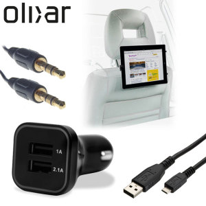 Meet the ultimate tablet car pack. Providing everything you'll need for your tablet on a long car journey, the Olixar Ultimate Car Pack keeps your Micro USB device charged, mounted securely for easy viewing and ready to listen to through your car's stereo