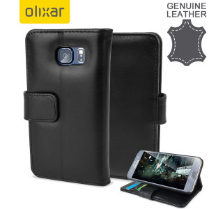 A sophisticated lightweight black genuine leather case with a magnetic fastener. The Olixar Premium genuine leather wallet case offers perfect protection for your Samsung Galaxy S6, as well as featuring slots for your cards, cash and documents.
