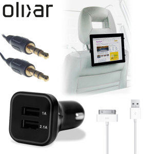 Meet the ultimate tablet car pack. Providing everything you'll need for your iPad on a long car journey, the Olixar Car Pack keeps your Apple 30-pin device charged, mounted securely for easy viewing and ready to listen to through your car's stereo.