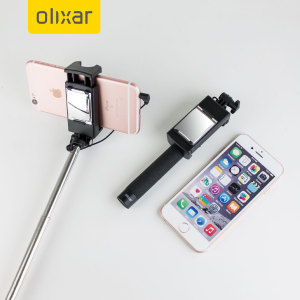 Take the perfect selfie with absolutely no one left out with Olixar's selfie stick with shutter button for iPhone & Android devices. Mirror allowing for powerful rear facing camera use, no recharging required and so portable it can be placed in a handbag!