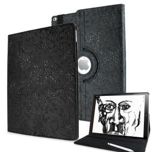 Protect your iPad Pro 12.9 2015 with this elegant black floral pattern case with 360 degree rotating viewing stand for portrait and landscape positions and sleep / wake functionality.