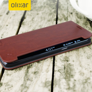 The Olixar leather-style Samsung Galaxy S7 Edge Wallet Case in brown provides enclosed protection and can also be used to hold your credit cards. The case also transforms into a viewing stand for added convenience.