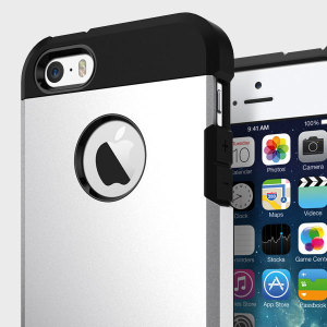 The Spigen Tough Armor Case in satin silver is the ultimate protective case for the iPhone SE, providing superb impact absorption due to Spigen's air cushion technology.