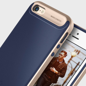 Made from rugged TPU and tough polycarbonate and featuring a stunning waved grip design, the Wavelength Series tough case in navy blue and gold keeps your iPhone SE safe, slim and stylish.