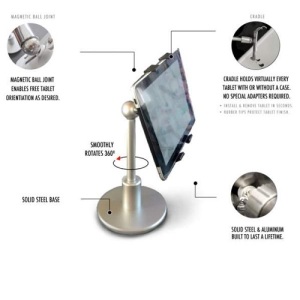 The FLOTE Orbit Tablet Stand, made from solid steel & aluminium, is a high quality precision-made stand that will improve your tablet experience and is perfect to watch movies and surf the web, with your tablet held securely at your ideal viewing angle.