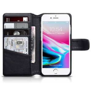 A sophisticated lightweight black genuine leather case with a magnetic fastener. The Olixar genuine leather wallet case offers perfect protection for your iPhone 8 / 7, as well as featuring slots for your cards, cash and documents.
