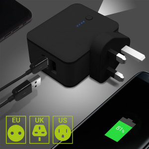 A dual USB wall charger with UK, EU and US pin configurations, plus 3000mAh power bank in one handy little fully portable package. The 2-in-1 travel adaptor is the ideal travel accessory for any occasion.