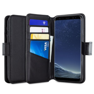 A premium slimline black genuine leather case. The Olixar genuine leather executive wallet case offers perfect protection for your Samsung Galaxy S8, as well as featuring a smart magnetic media stand slots for your cards, cash and documents.