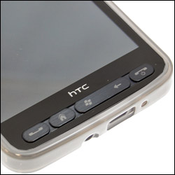 Vue détaillée du HTC HD2 dans sa coque FlexiShield Transparente
