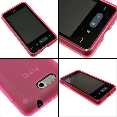Vues détaillées du HTC HD Mini dans sa coque FlexiShield Rose
