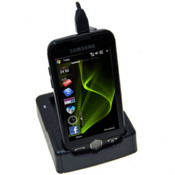 Desktop cradle for charging and synchronising your Samsung Omnia II plus an additional battery.