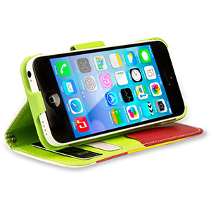 iPhone 5C Leather Style Stripe Wallet Stand Case - Red / Pink / Yellow