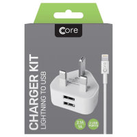Core Dual Port USB Mains Charger With Lightning Cable - White