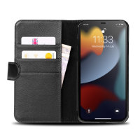 Olixar Genuine Leather Wallet Stand Black Case - For iPhone 13 Pro