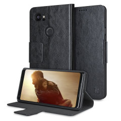 Protect your Google Pixel 2 XL with this durable and stylish black leather-style wallet case from Olixar, featuring two card slots. What's more, this case transforms into a handy stand to view media.