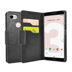 Protect your Google Pixel 3 with this durable and stylish black leather-style wallet case from Olixar, featuring two card slots. What's more, this case transforms into a handy stand to view media.
