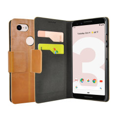 Protect your Google Pixel 3 with this durable and stylish tan leather-style wallet case from Olixar, featuring two card slots. What's more, this case transforms into a handy stand to view media.