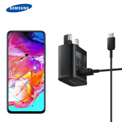 A genuine black Samsung UK adaptive fast mains charger for your Samsung Galaxy A70 smartphone. This is identical to the black charger supplied with the Samsung Galaxy A70 - EP-TA20UBE. Comes complete with an official 1.2m Samsung USB-C cable.