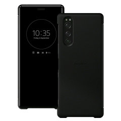 This official Style Cover View in Black from Sony houses your Xperia 5, providing protection and full functionality through the see-through touchscreen font cover, allowing you to view and action incoming messages and calls.