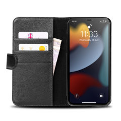 Olixar Genuine Leather Wallet Stand Black Case - For iPhone 13 Pro Max
