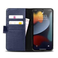 Olixar Genuine Leather Wallet Stand Navy Case - For iPhone 13 Pro Max