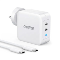 Choetech 100W GaN Mains Charger Dual PD With 1.8M USB-C Cable - White
