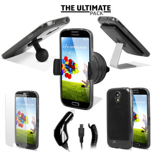 The ultimate Samsung Galaxy S4 i9500 accessory pack contains must have items for your S4 including an S4 FlexiShield case, car holder, car charger, screen protectors, and two desk stands.