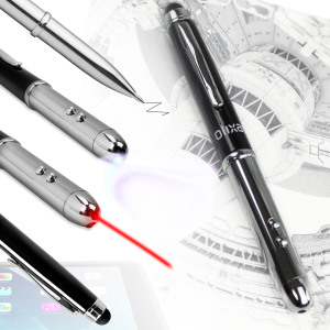 The Olixar Laserlight stylus pen is the ultimate 4-in-1 accessory for tablet and smartphone users, with a ballpoint pen, stylus tip, laser pointer and LED mini torch all built into it!