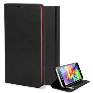 Protect your Samsung Galaxy S5 in elegant luxury with this Olixar leather-effect wallet case in black. The case also includes a viewing stand, perfect for watching movies with friends and families.