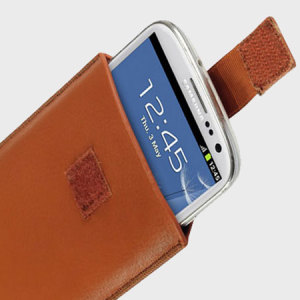 This tan pouch case has bee designed to fit most smartphones while offering complete protection for your device.