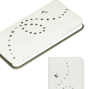 Dress up your iPhone SE with this stylish Bling My Thing Mystique Papillon white nappa leather wallet case, featuring real Swarovski Elements.