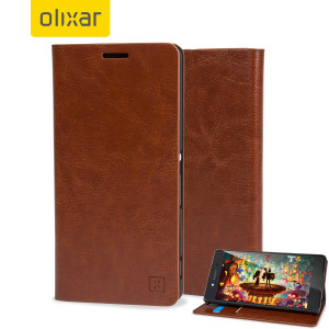 A sophisticated lightweight light brown leather-style case with a magnetic fastener for ease of use. The Olixar leather-style wallet case offers perfect protection for your Sony Xperia Z3+ and also includes a built-in stand.
