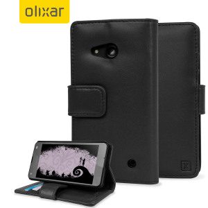 A sophisticated lightweight black genuine leather case with a magnetic fastener. The Olixar Premium genuine leather wallet case offers perfect protection for your Microsoft Lumia 550, as well as featuring slots for your cards, cash and documents.