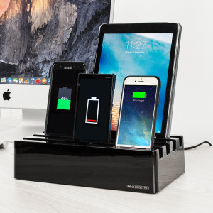 The Charge Pit 6-Port Universal Charging Station in piano black is a perfect solution for charging multiple devices at home or at the office. It can fast charge up to six Apple or Android devices simultaneously with its 10A high output.