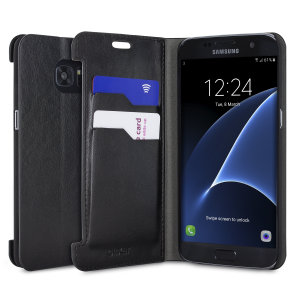 The Olixar leather-style Samsung Galaxy S7 Edge Wallet Case in black provides enclosed protection and can also be used to hold your credit cards. The case also transforms into a viewing stand for added convenience.