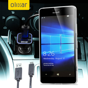 Keep your Microsoft Lumia 950 fully charged on the road with this compatible Olixar high power dual USB 3.1A Car Charger with an included high quality USB to USB-C charging cable.