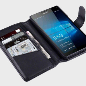A sophisticated lightweight black genuine leather case with a magnetic fastener. The Olixar genuine leather wallet case offers perfect protection for your Lumia 950 XL, as well as featuring slots for your cards, cash and documents.