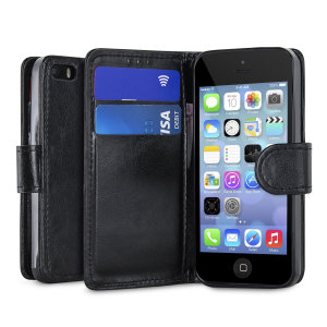 Wrap your iPhone 5S / 5 in luxurious, sophisticated protection with the black Encase Leather-Style Wallet Stand Case. This stylish case has credit card slots and can transform into a convenient viewing stand.