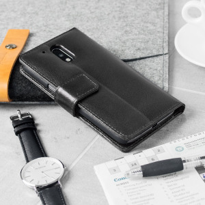A sophisticated lightweight black genuine leather case with a magnetic fastener. The Olixar genuine leather wallet case offers perfect protection for your Lenovo Moto G4, as well as slots for your cards, cash and documents plus a built-in stand.