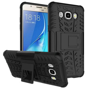 Protect your Samsung Galaxy J5 2016 from bumps and scrapes with this black Olixar ArmourDillo case. Comprised of an inner TPU case and an outer impact-resistant exoskeleton, with a built-in viewing stand.