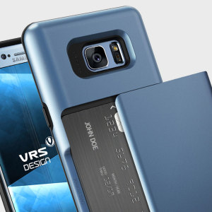 Protect your Samsung Galaxy Note 7 with this precisely designed case in blue from VRS Design. Made with tough yet slim material, this hardshell construction with soft core features patented sliding technology to store two credit cards or ID.