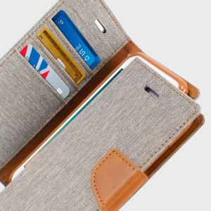 With the perfect blend of lightweight and tough materials, mixed with snappy looks, this grey and camel Mercury Canvas Diary Wallet Case is the ideal companion for your iPhone 7 Plus - Especially when you're out and about.