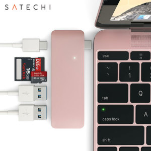 Using the USB-C (USB Type-C) port on your MacBook 12 inch, add 2 full-sized USB ports, an SD card slot and a micro SD card slot to your computer using this Satechi hub in rose gold. Plug in USB devices such as a keyboard, mouse or printer to your MacBook.