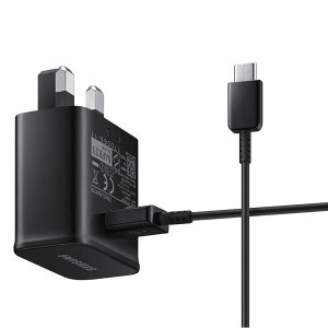 A genuine Samsung UK adaptive fast mains charger for your USB-C compatible Samsung Galaxy phones. With folding pins for travel convenience and a genuine Samsung USB-C charging cable. Retail packed.